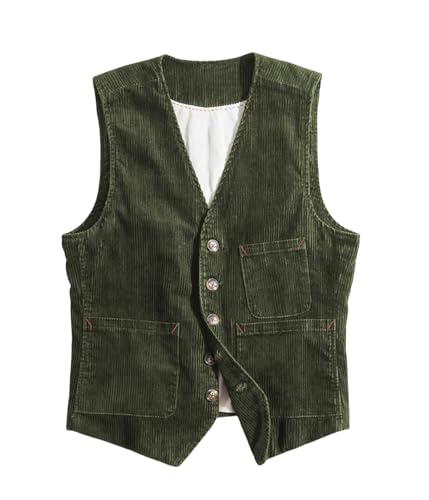 SevenBoy Men's Vintage Corduroy Suit Vest Casual V-Neck Dress Waistcoat(Green,L)