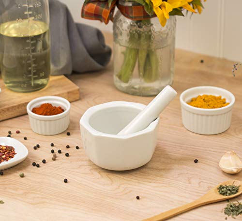 Hic Harold Import Co. Kitchen Mortar And Pestle, Fine-White Porcelain, Octagonal Design, 3.5 Inch #TOP1