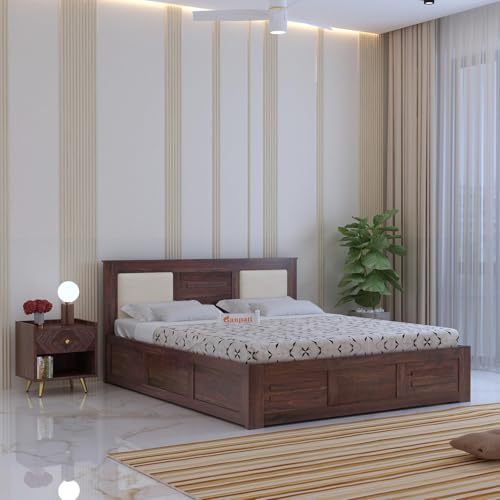 Image of Ganpati Arts Solid Sheesham Wood Swiss King Size Bed with Box Storage and Headbaord | Wooden Double Bed Cot Palang Furniture for Bedroom, Guest Room, Hotel and Home (Walnut Finish)