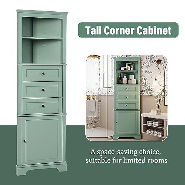 Green Corner Cabinet, Bathroom Corner Cabinet, Triangular Tall Corners Cabinets with 3 Drawers and Adjustable Shelf Storage, MDF Board Material for Bathroom, Kitchen Or Living Room (Green)