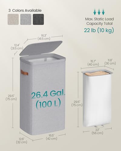 Image of SONGMICS Laundry Basket, 26.4 Gal. Laundry Hamper, Easy Assembly, with Lid and Handles, Removable Liner, 16.5 x 12.6 x 29.5 Inches, Dove Gray ULCB811GD01