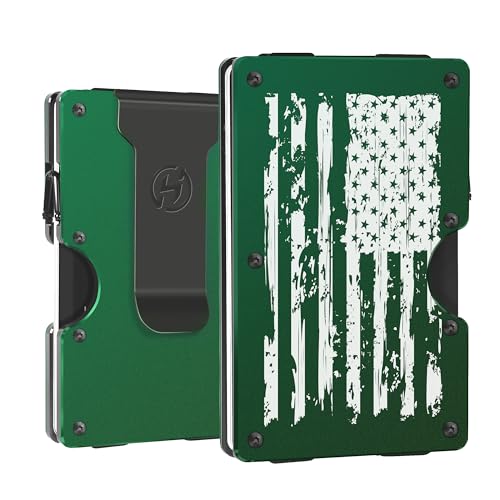 Image of Men Minimalist Metal Wallet | American USA Flag | Slim Engraved Aluminum Credit Card Holder | Personalized Mini Front Pocket Money Case | RFID Blocking EDC Tactical Wallets