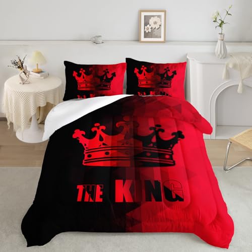 Image of AILONEN Red and Black Comforter Set Queen Size,Crown King Printed Couple Bedding Set for Men Women Adults,3-Piece Mr Mrs Themed King and Queen Quilt with 2 Pillowcases