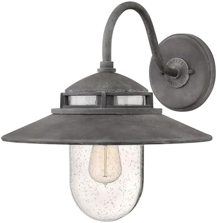 Hinkley Atwell Medium Wall Mount Outdoor Barn Light, Aluminum, Clear Seedy Glass, Gooseneck Arm, Industrial, Aged Zinc Finish