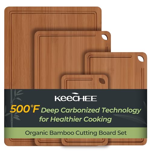 Keechee Wood Cutting Board, Carbonized Bamboo Cutting Boards Set With Smooth Surface & Easy Storage For Busy Kitchens, Ideal Charcuterie & Chopping, Durable, Knife-Friendly (4Pcs)