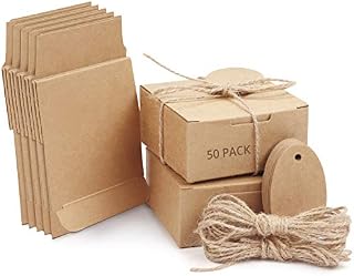 Belle Vous Brown Kraft Paper Square Gift Boxes with Lids, Hemp Rope and Tags (50 Pack) - 7.5 x 7.5cm x 3.5cm (2.95 x 2.95 x 1.37 inches) - Small Boxes for DIY Wedding and Party Gifts & Favors