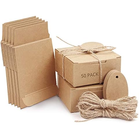BELLE VOUS 50 Pack Gift Boxes - Brown Kraft Paper Square Gift Wrap Boxes with Lids, Hemp Rope and Tags - 3 x 3 x 1.5 inches - Small Boxes for DIY Wedding & Party Gifts & Favors - Easy Assemble Boxes Cover