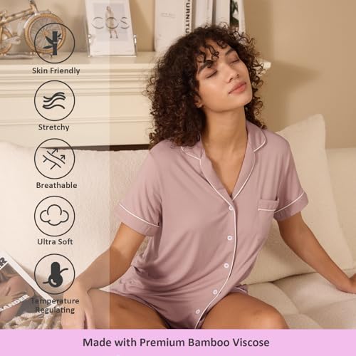 TOSMO Women's Pajamas Set Viscose from Bamboo Short Sleeve Sleepwear Button Down Loungewear Soft Cooling Pjs4