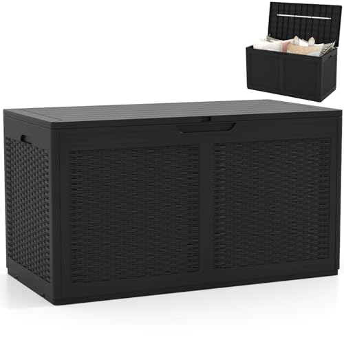 COSTWAY 380L Garden Storage Box, Waterproof Resin Deck Box Bench with Lockable Lid, Wheels & Side Handles, Rattan Texture Outdoor Patio Storage Container for Cushion Tool Toy (Black)