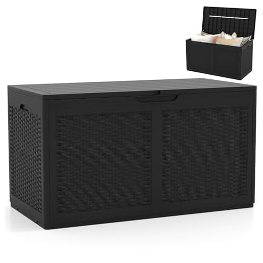 COSTWAY 380L Garden Storage Box, Waterproof Resin Deck Box Bench with Lockable Lid, Wheels & Side Handles, Rattan Texture Outdoor Patio Storage Container for Cushion Tool Toy (Black)