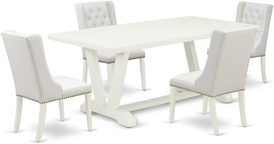 East West Furniture V027FO244-5 5 Piece Modern Dining Table Set Includes a Rectangle Wooden Table with V-Legs and 4 Light Grey Faux Leather Parson Dining Chairs, 40x72 Inch, Multi-Color