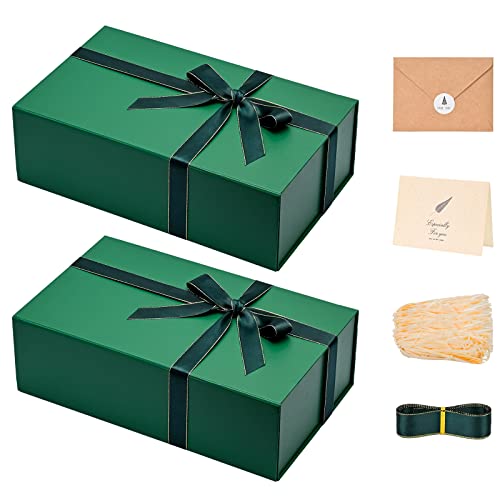 Image of LIFELUM Gift Boxes with Lids 2 Pack 13.85 x 8.35 x 4.45 inch Green Christmas Gift Boxes with Strong Magnetic Lid for Presents with Luxury Accessories Card, Ribbon, Filler,Sticker