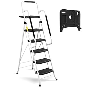 HBTower 5 Step Ladder with Handrails, Folding Step Stool Portable Steel Ladder for Adults for Home Kitchen Library Office, White