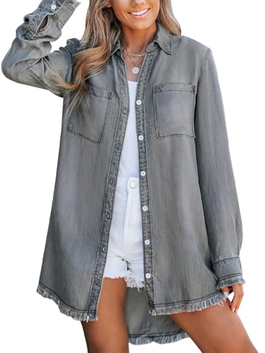 Image of CUPSHE Women's Denim Shirt Dress Long Sleeve Button Down with Pocket | Casual Shirt Dresses with Fringe, Oversized Button Denim Shirtdress Jean Cardigan, Boyfriend Style Plus Size Jacket