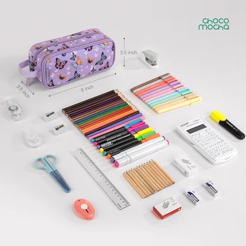 Image of Choco Mocha Girls Pencil Case for Kids, Soft Large Zipper Pencil Pouch for Kids with 2 Compartments Girls Pencil Case for School Butterfly Pencil Bag, Purple