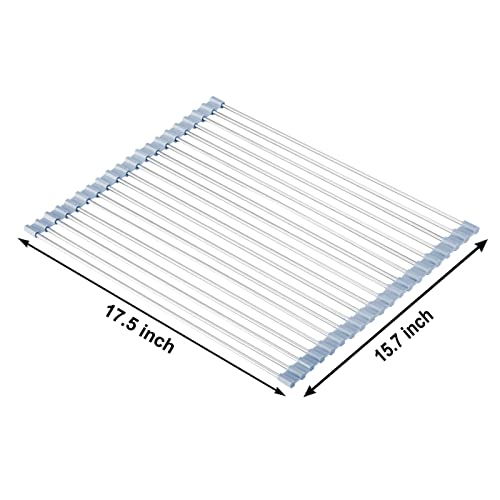 MECHEER Over The Sink Dish Drying Rack, Roll Up Dish Drying Rack Kitchen Dishes Rack Stainless Steel Sink Drying Racks, Foldable Dishes Drainer, Gray (17.5''x15.7'')