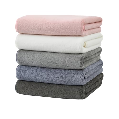 バスタオル 5枚セット マイクロファイバー 大判 60×120cm ふわふわ 柔らかい肌触り タオル 吸水 速乾 通気 肌に優しい お風呂上がり 家庭用 ホテル仕様 (5色)