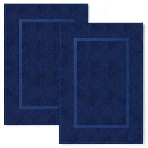 Linteum Textile Supply 2 Pack Cotton Banded Bath Mats 21×30 in – Blue, 100% Cotton 1000 GSM, Quick Dry & Highly Absorbent, Machine Washable – Hotel & Spa Quality [Not a Bathroom Rug]