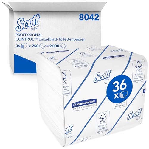 Scott Control Toilettenpapier 8042, 2-lagiges weißes Einzelblatt-Toilettenpapier mit Interfold-Einzelblattfaltung, FSC-zertifiziert, 36 Packungen x 250 Blätter (insg. 9.000 Blätter)