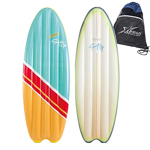 Intex Surfboard Shaped Inflatable Pool Mattress 2-Pack: Vintage Hibiscus and High Wave with Drawstring Bag