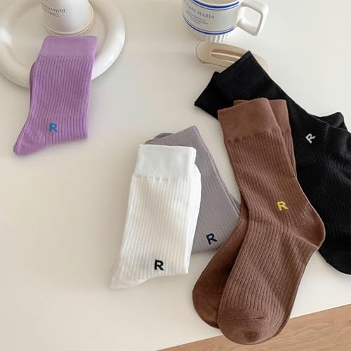 6 pairs - Korean-style girls' spring and summer mid-tube socks, outerwear sports R letter socks4