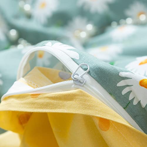 Stacypik 3 Pcs Botanical Daisy Floral Girls Bedding Duvet Cover Sets For Girls Women Kids Toddlers-100% Cotton Full/Queen Comfy Fresh White Flowers With Leaves Garden Style Comforter Cover With Zipper #TOP5