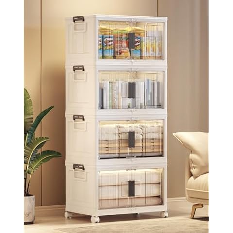 OlarHike 48QT Lockable Storage Bins with Lids - Folding Storage box with Doors and Wheels, Collapsible Plastic Storage Bins for Closets, Stackable Storage Organizer, Storage Containers, 4 Pack Cubes Cover