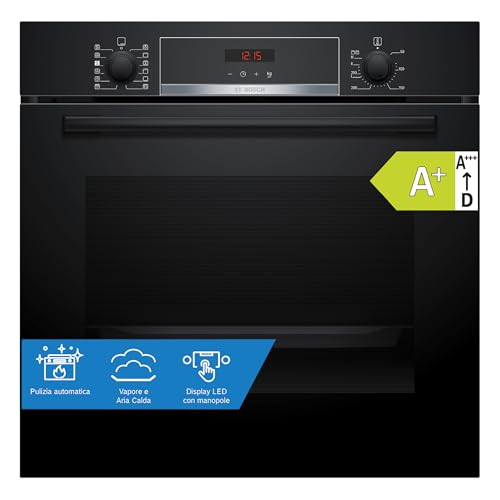 Bosch HQA574BB3 Serie 4, Forno con vapore da incasso, Pirolisi: pulizia del forno senza sforzo, Display LED rosso, 10 programmi automatici, Nero, 60 x 60 cm