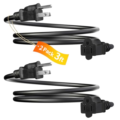 2 Pack 3FT Extension Cord 3 Prong 16 Gauge AWG Heavy Duty Power Cord NEMA 5-15P to NEMA 5-15R ETL Listed 3 Feet Power Cable for Home Office Indoor and Outdoor Use