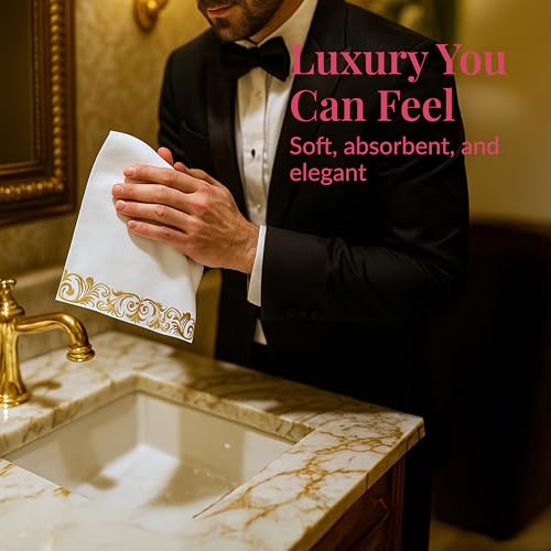 Image of Prestee 200 Pack Disposable Paper Guest Towels for Bathroom, 2-Ply - Elegant Linen Feel Paper Napkins - Absorbent Decorative Guest Towels for Bathroom, Wedding, and Party Use - (White and Gold)