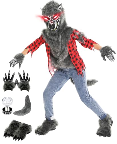 Nalmits Halloween Werewolf Costume for Boys Deluxe Howling Wolf Suits with Light Up Red Eyes Mask Gloves Shoes Tail Fangs Dress up for Kids Horror Mask Party Cosplay Costume Red 3T-4T