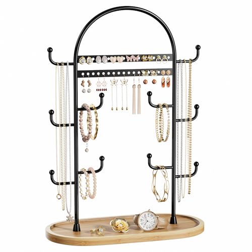 niffgaff Jewelry Stand Jewellery Organiser Necklace Earring Holder Necklace Display Stand Headband Organiser For Hanging Ring Bracelet Watches Storage Bedroom Accessories Black With Wooden Round Tray
