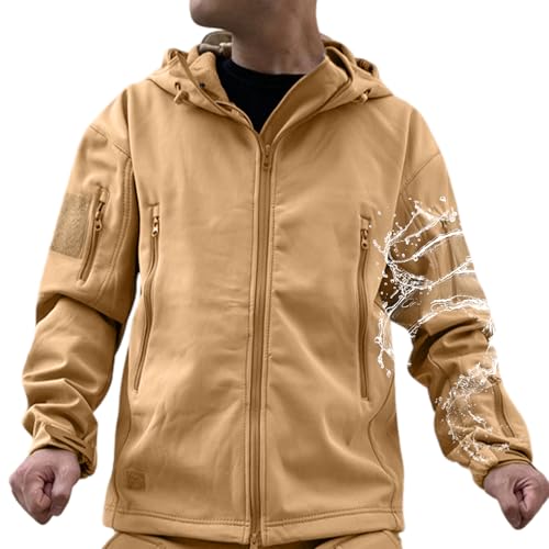 Image of Men's Tactical Fleece Lined Jacket Softshell Military Hooded 7 Pockets Windproof Outdoor Work Rain Coats Khaki M