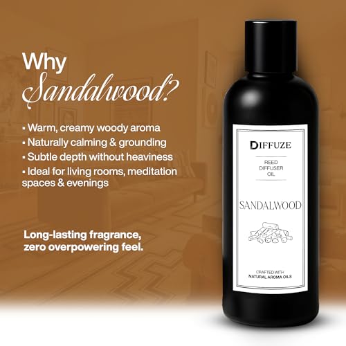 Image of DIFFUZE Sandalwood Essential Oil Reed Diffuser Refill with 10 Fibre Reed Sticks | Warm Woody Aroma Oil | Diffuser Oil for Home Fragrance | Fragrance Oil for Home