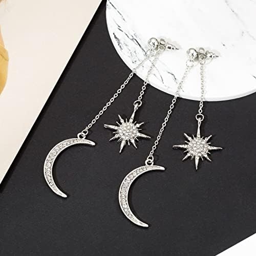 Sun Moon Earrings for Women Bohemian Cubic Zirconia Sun Moon Star Drop Dangle Earrings Gold Silver Long Chain Tassel Earrings Hypoallergenic Crescent Charm Earrings Christmas Birthday Party Jewelry - Image 3