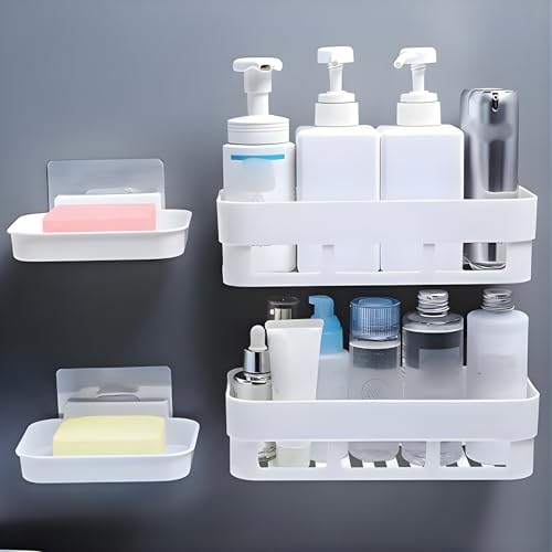 House of vipa Bathroom Shelf Without Drill | Adhesive Bathroom Organizer Wall Shelf | 2 Shelves + 2 Soap Dish | Waterproof Rust-Free Bathroom Rack for Kitchen & Washbasin