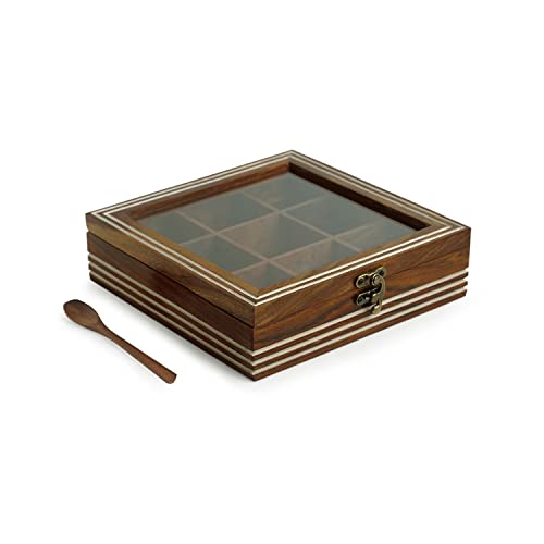 Image of ExclusiveLane Sheesham Wooden Spice Box for Kitchen with Spoon (9 Non-Detachable Compartments, Each Compartments : 80 gram) | Masala Container Spice Box Wooden Namak Dani for Kitchen Masala Box Wooden