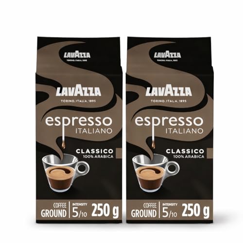 Lavazza Espresso Italiano Classico Ground Coffee 2 Packs of 250g Ideal for Moka Pot or Filtered Coffee Sweet & Aromatic Taste Intensity 5/10 Flowery & Fruity Notes 100% Arabica Light Roast
