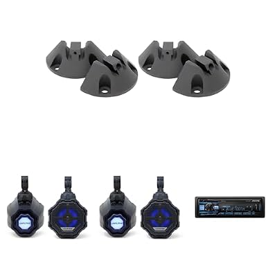 Alpine (2 Pair SPV-65RGB-CAN 6.5” Cage-Mounted Universal Weather-Resistant Coaxial RGB LED Speaker Pods w/KTE-65CAN-SM Surface Mounts & UTE-63BT Source Unit