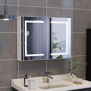 BRILVERDE Spiegelschrank Bad mit Beleuchtung, 60x80x13.5 cm, Badezimmerschrank mit mit 3 Lichtfarben, 2 Türen und 2 Glasablage, Badschrank Hängend, Weiß (60x80x13.5 cm)