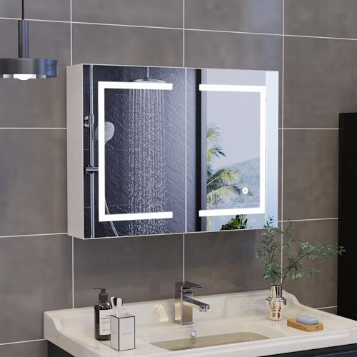 Spiegelschrank Bad mit Beleuchtung 80x13.5x60 cm, 2 Türen Badezimmer Spiegelschrank mit Höhenverstellbaren Regalen, Wandspiegelschrank Hängend, Bad Spiegelschrank mit Beleuchtung & Memory Funktion