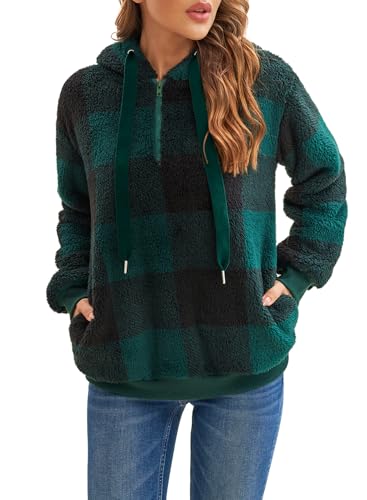 Nirovien Womens Sherpa Hoodie Oversized Fuzzy Sweatshirt Double Fleece Jacket Fluffy Plaid Outerwear(Army Green Plaid,M)
