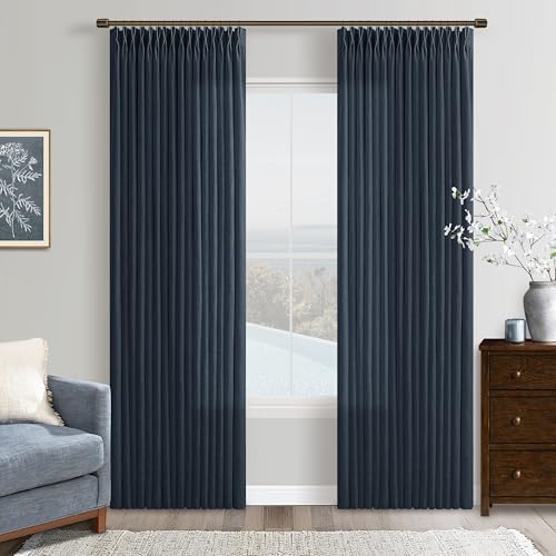 Modern Pinch Pleated Linen Navy Blue Semi Sheer Curtains with Rings 50x80