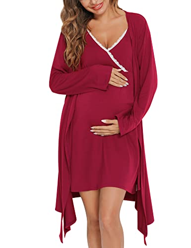 Image of SWOMOG Womens Maternity Robe 2PCS Nursing Nightgown for Breastfeeding 3 in 1 Labor Delivery Nursing Robe Set Lace Bathrobe Wine Red