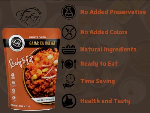 Image of FzyEzy Freeze Dried Gajar Ka Halwa | Ready to Eat Indian Dessert | Traditional Carrot Halwa with Almonds & Pista | Preservative Free | Instant Sweet Dish | 120g