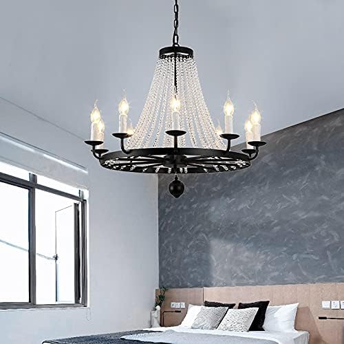 LED Chandeliers, 10 Candle Chandelier for Living Dining Room Bedroom Home Crystal Hanging Light Classic Design American Retro Lustre Pendant Lamp (Color : 12heads, Size : Black)