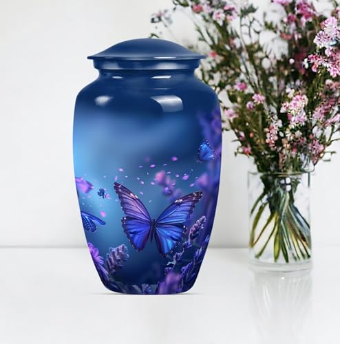 Image of Blue Butterfly Urn for Ashes - Large 10 Inch Cremation Urns for Human Ashes Adult Male Female - Decorative Funeral Urn for Women - Blue Urns for Adult Human Mom - Ash Holders (Size:- 10 Inch 1 Pc)