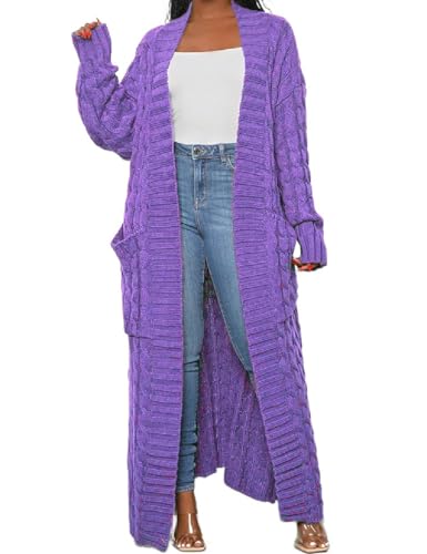 LIVECLOTH Stylish Cable Knit Dual Pocket Cardigan Long Cardigan for Women, Womens Purple Cardigan Sweaters (Medium Purple, S)