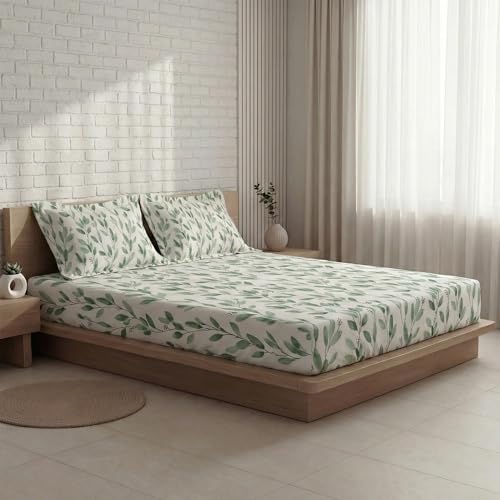 Image of SleepyCat 200TC Percale Fitted Sheets with 2 Pillowcases | 100% Breathable Cotton Bedsheet | Cool & Crsip Feel | 360 Elastic Grip for Easy Tuck| Ever Green, King Size, 78x72 Inch
