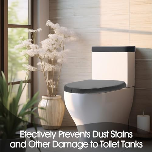 Tyqour Grey Toilet Lid Cover and Toilet Tank Cover Set, Grey Toilet Seat Cover with Elastic Bottom, Universal Toilet Cover Set for Bathroom Decor Accessories - Thumbnail 6
